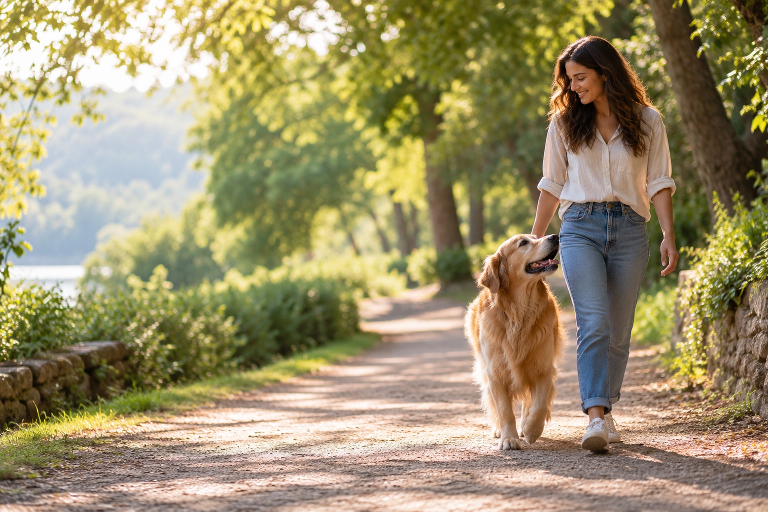 A golden retriever walking beside its owner on a leafy path