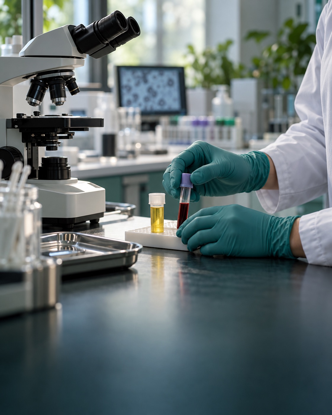 Illustrative laboratory workspace with specimen containers