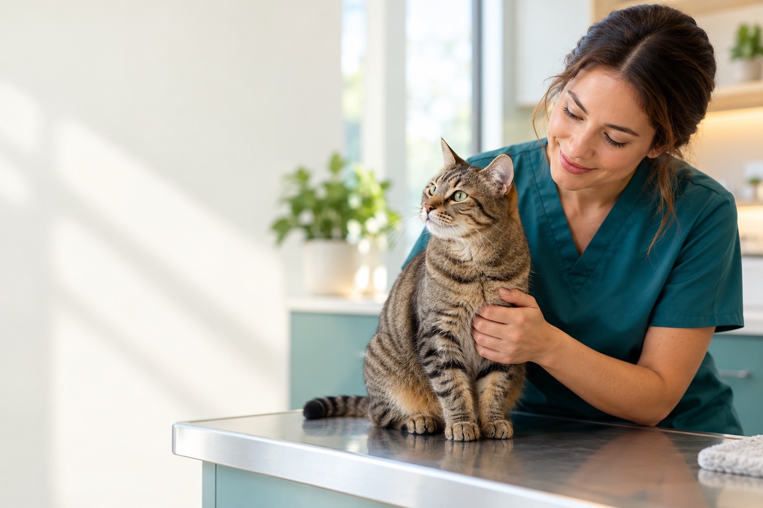 A veterinarian examining a cat
